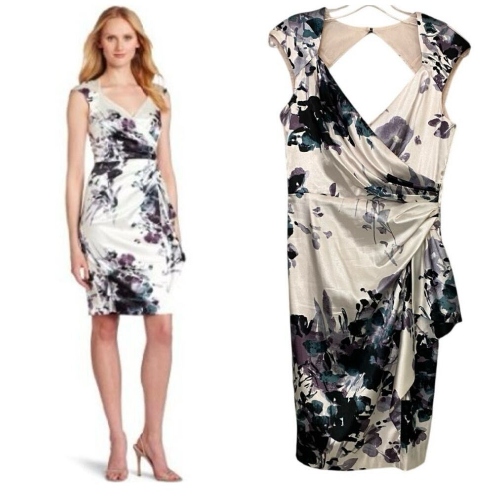 Maggy London Cream Floral Sheath Dress with Purple and Black Accents